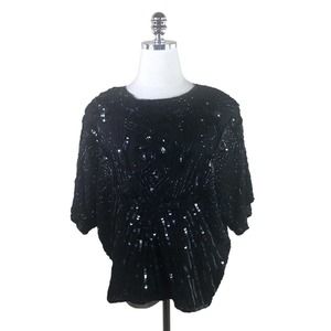 Vintage Black Silk Beaded Sequined Evening Top Size M